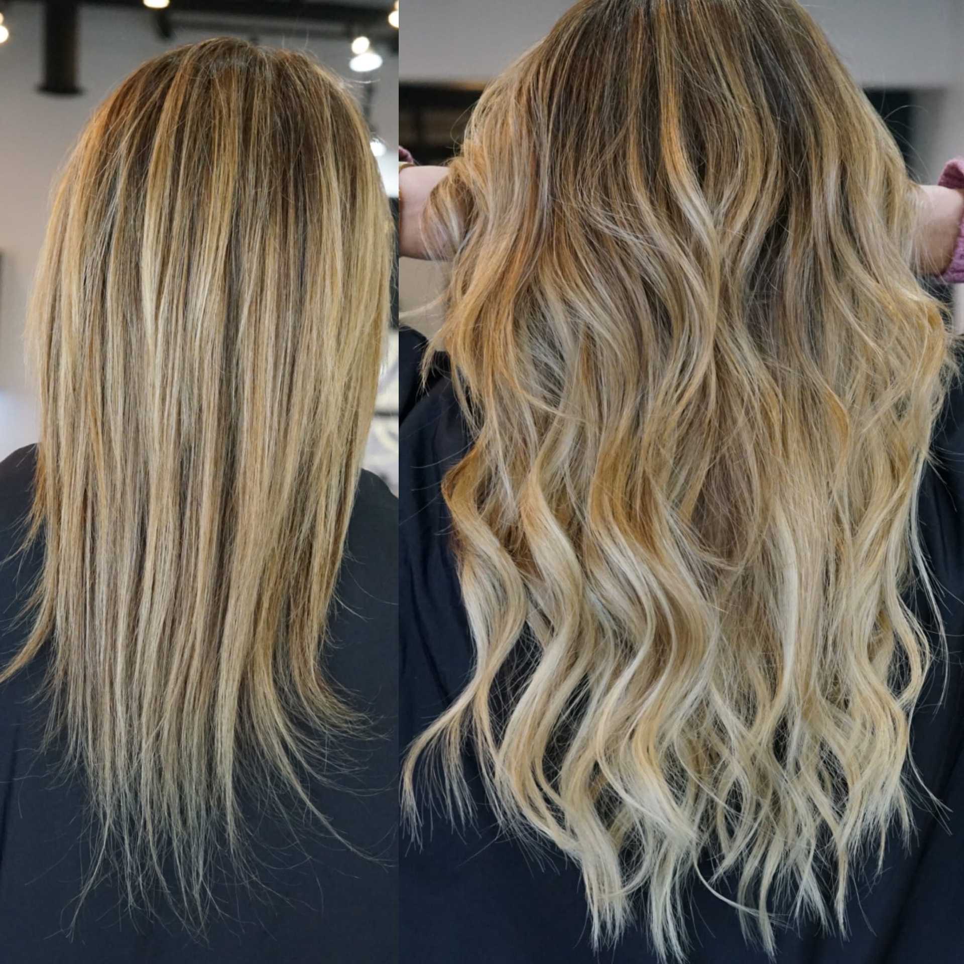 Before and after: Straight to wavy blonde hair transformation.